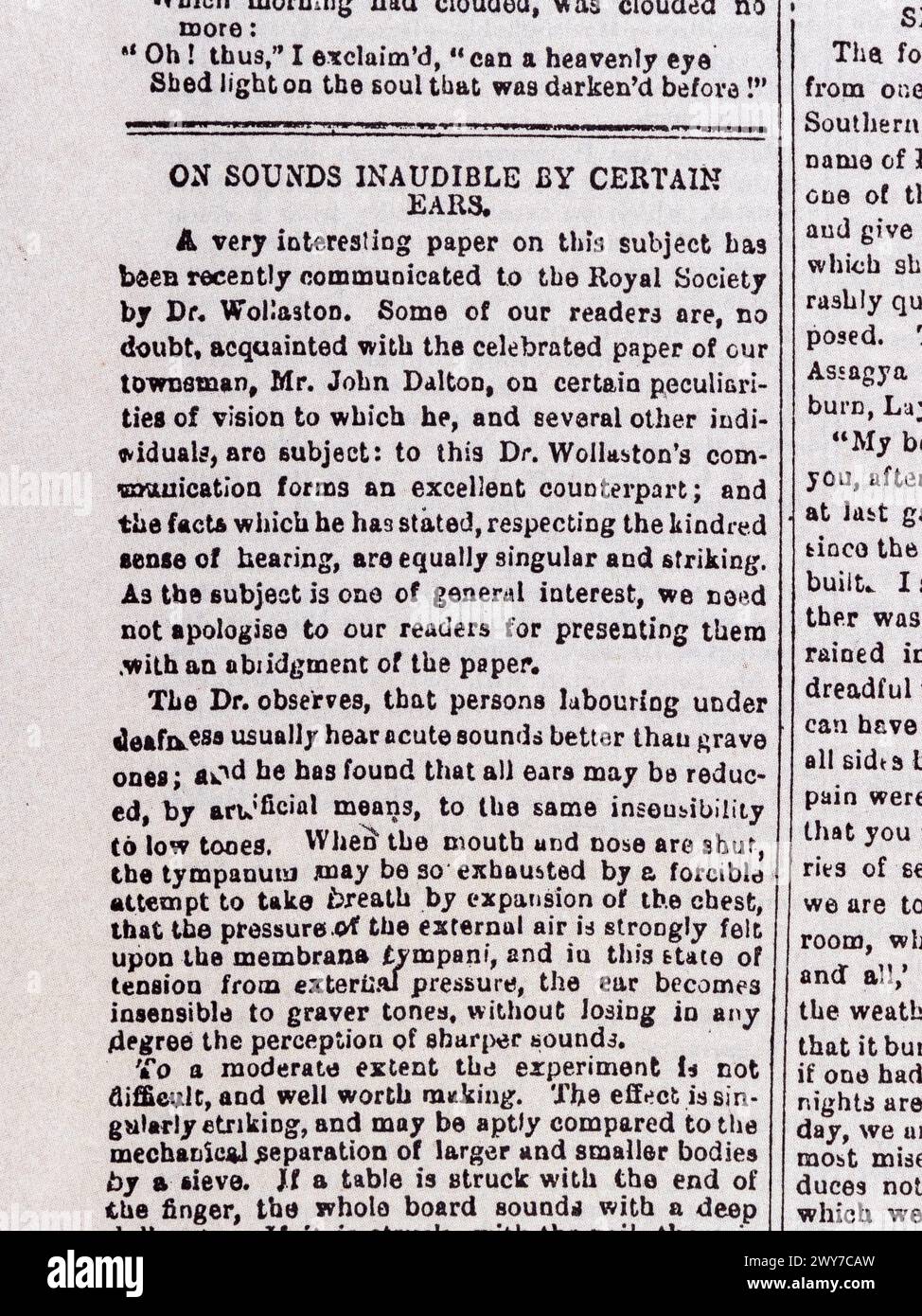 Artikel über die Unterschiede des Hörens von Völkern, Manchester Guardian (Nachbildung), Samstag, 5. Mai 1821. Stockfoto
