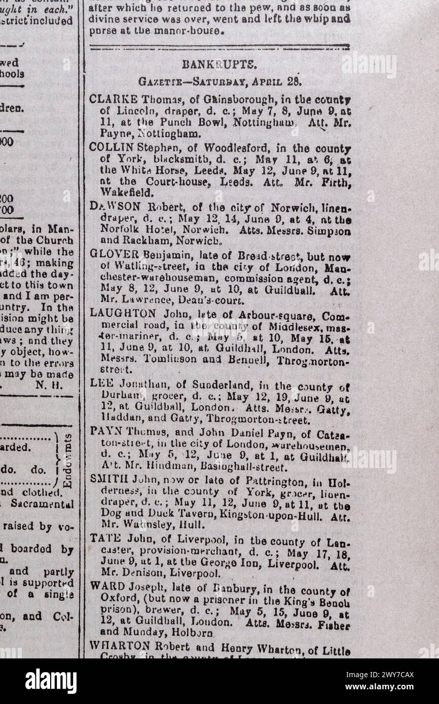 Auflistung der „Bankrupts“ im Manchester Guardian (Replik), Samstag, 5. Mai 1821. Stockfoto