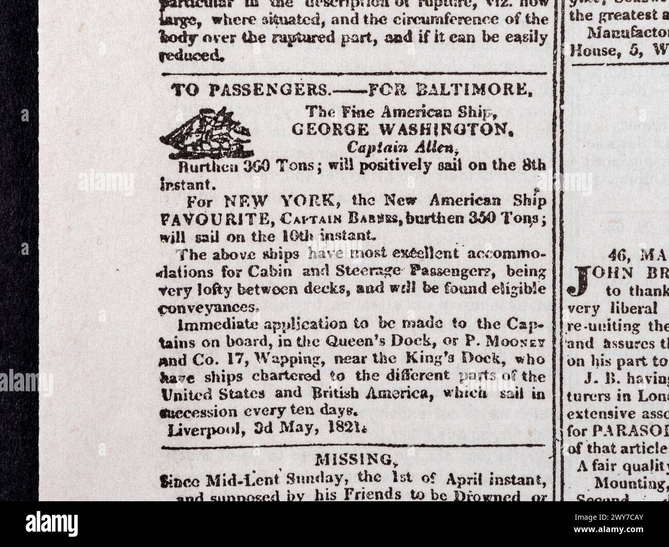 Werbespot für Segeln von Manchester nach Baltimore auf dem Schiff „George Washington“, im Manchester Guardian (Nachbau), Samstag, 5. Mai 1821. Stockfoto