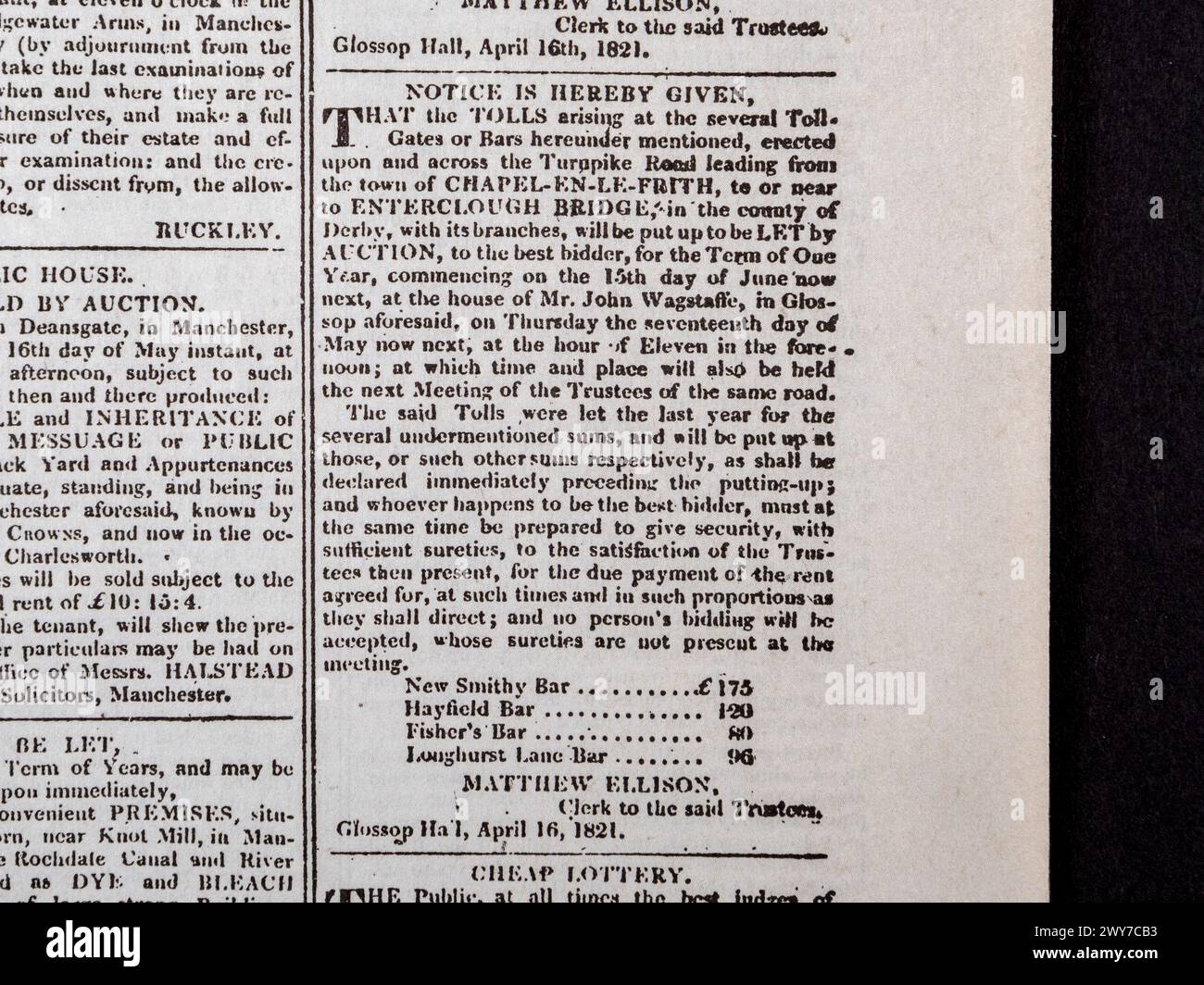 "Mitteilung wird hiermit erteilt", in der Bieter über die Rechte zum Betrieb einer Mautbrücke informiert werden, im Manchester Guardian (Replik), Samstag, den 5. Mai 1821. Stockfoto