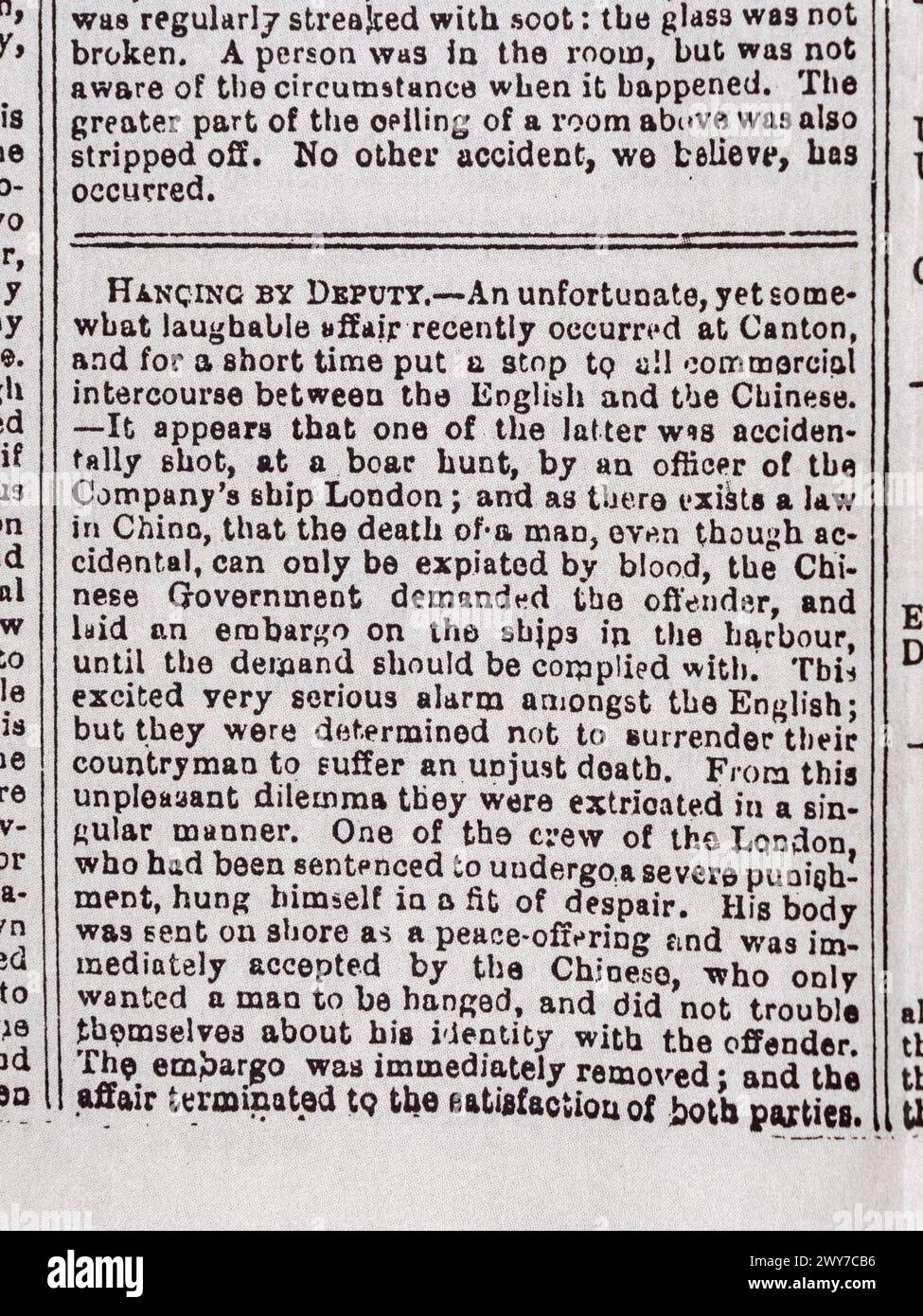 Artikel über den Tod eines britischen Mannes in einem Streit in China, Manchester Guardian (Replik), Samstag 5. Mai 1821. Stockfoto