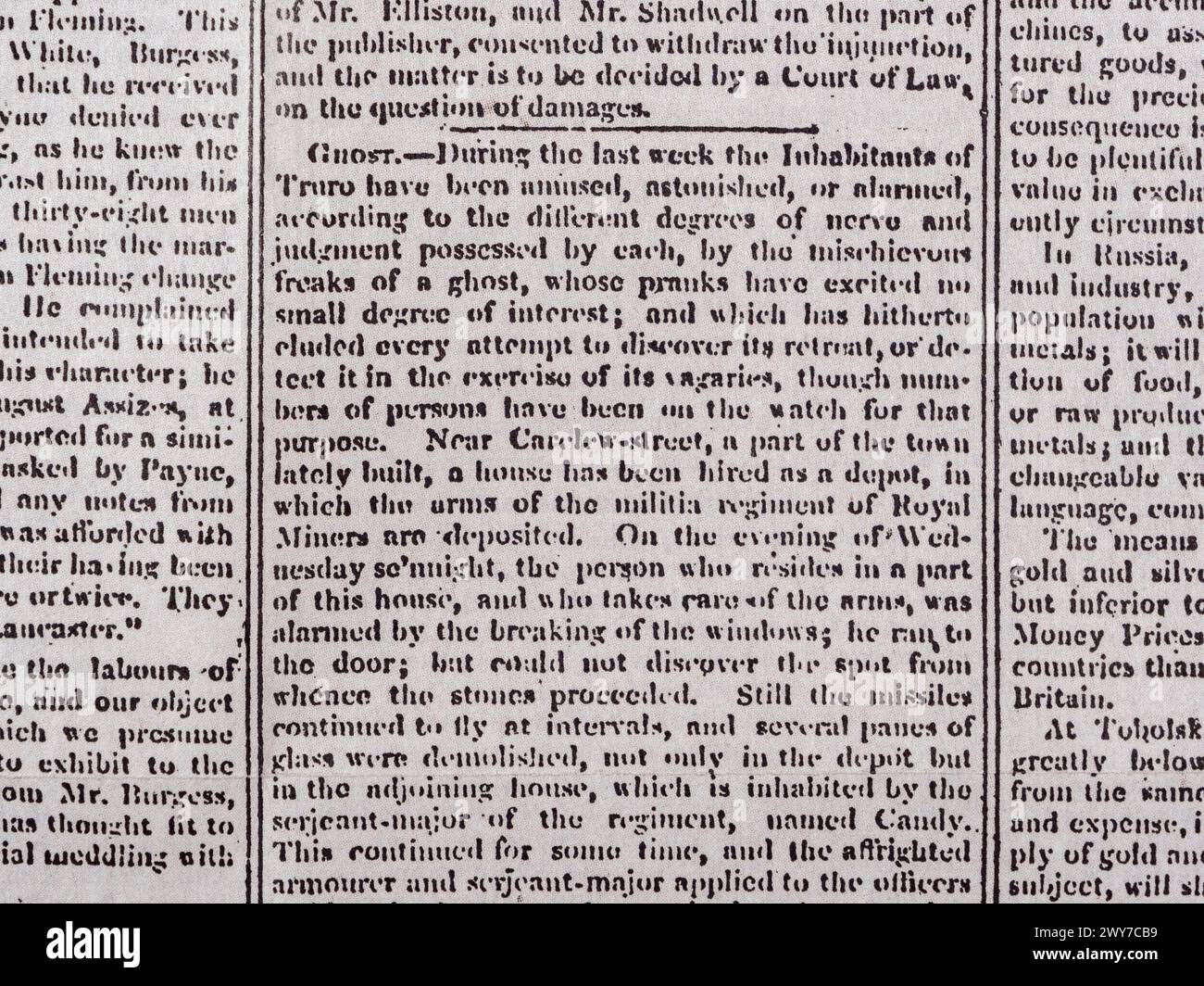 Artikel über die Streiche eines 'Geistes' in Truro, Manchester Guardian (Replik), Samstag, 5. Mai 1821. Stockfoto