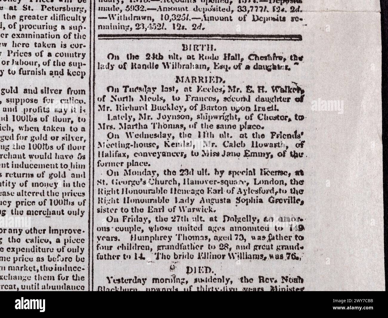 Auflistung der Geburten und Ehen im Manchester Guardian (Replik), Samstag, 5. Mai 1821. Stockfoto