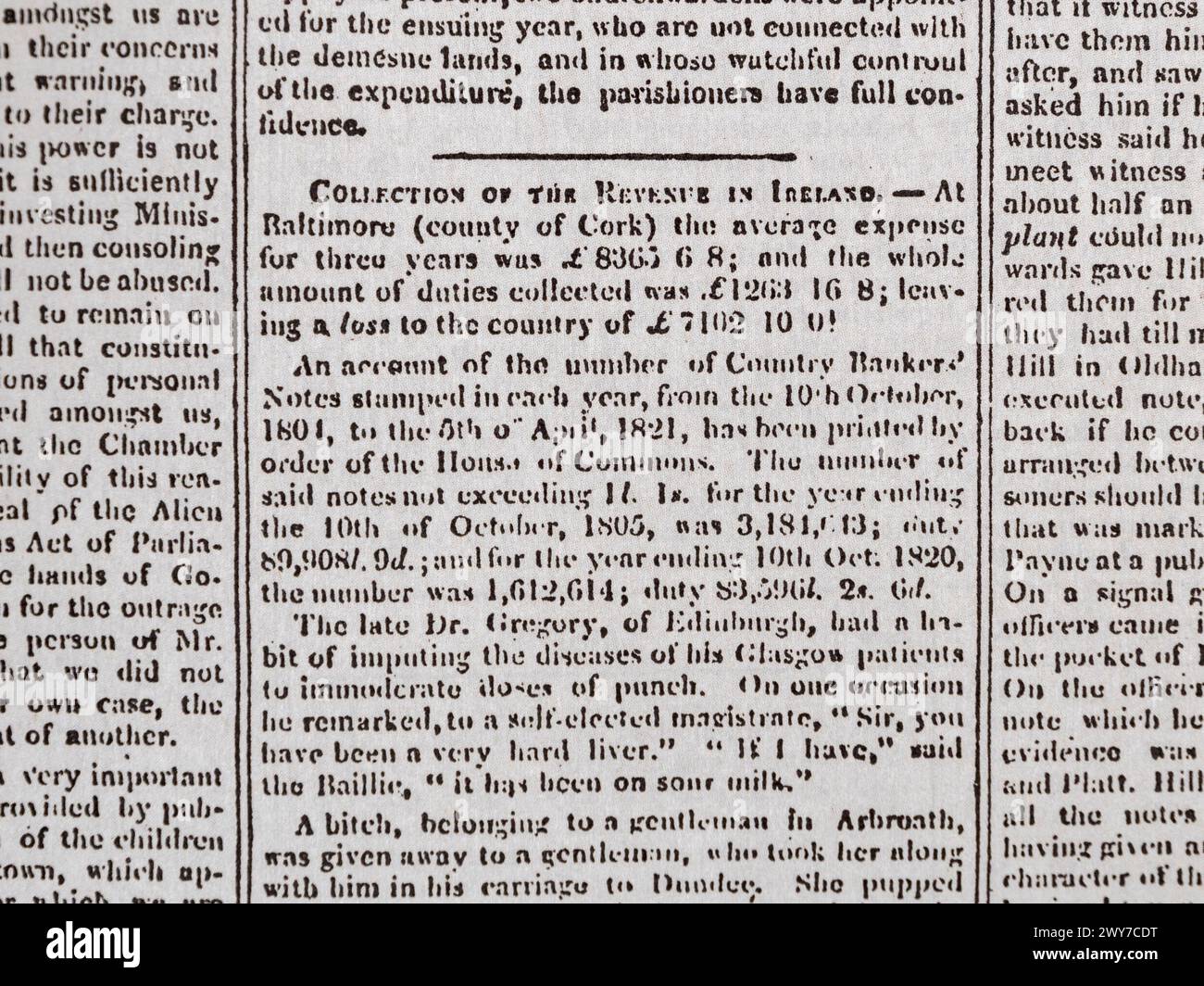 Artikel über die Einziehung von Einnahmen in Irland im Manchester Guardian (Nachbildung), Samstag, 5. Mai 1821. Stockfoto