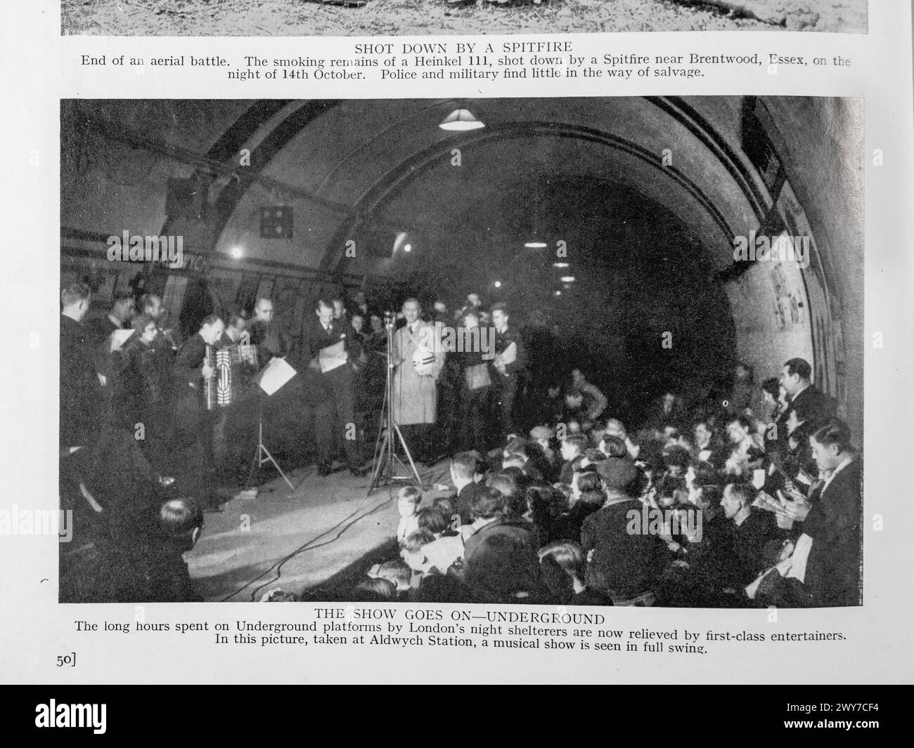 Foto eines Kriegskonzerns in der Londoner U-Bahn in Hutchinsons Pictorial History of the war (Nr. 2, Serie 8), veröffentlicht im Oktober 1940. Stockfoto