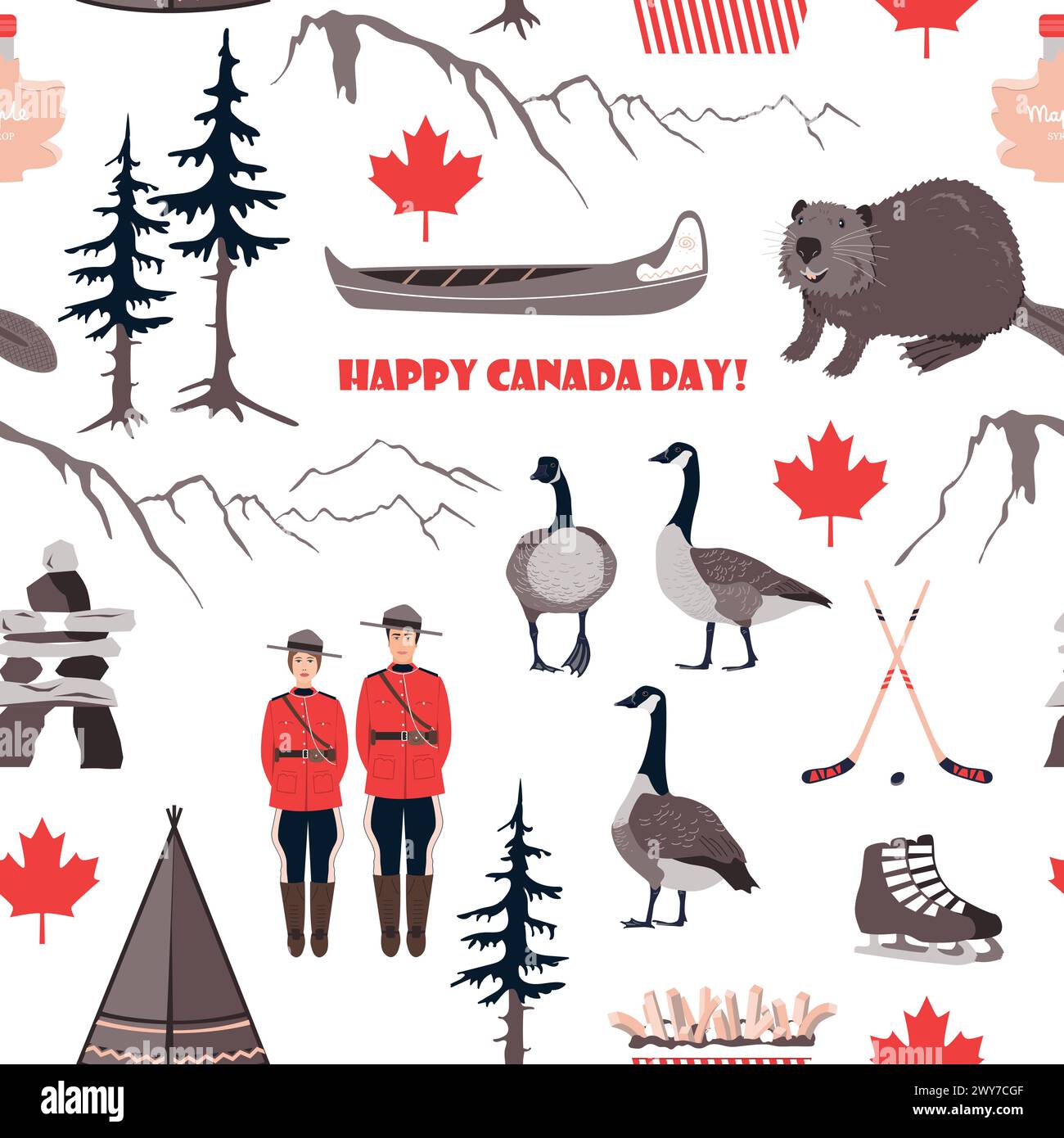 Happy National Day of Canada, nahtloses Muster mit kanadischen Symbolen. Biber, Gans, Kanu, Tipi, Hockey, königliche Polizei, Ahornblätter und Berge Stock Vektor
