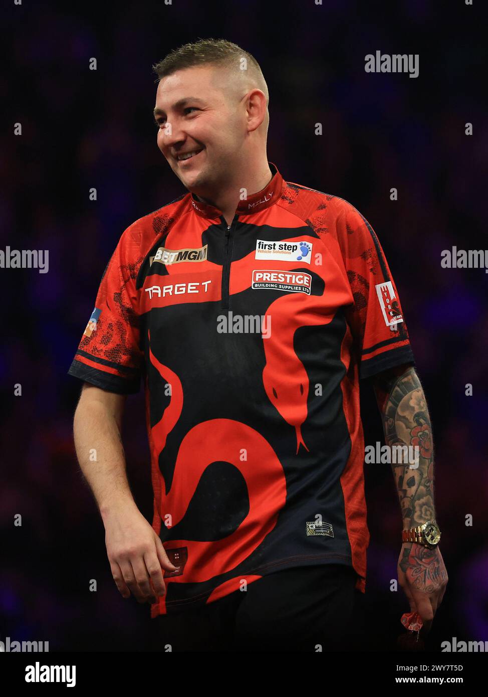 Manchester, Großbritannien. April 2024. Nathan Aspinall 2024 während der BetMGM Premier League Darts, Night 10, Manchester in der AO Arena, Manchester, England, Großbritannien am 4. April 2024 Credit: Every Second Media/Alamy Live News Stockfoto