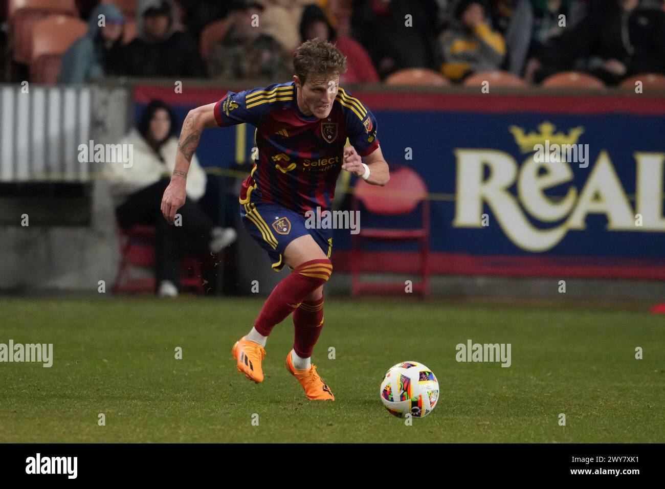 März 30. 2024: Real Salt Lake Mittelfeldspieler Bode Hidalgo (19) im MLS-Spiel zwischen dem Saint Louis City SC und dem Real Salt Lake im America First Field in Salt Lake UT David Seelig/Cal Sport Medi Stockfoto