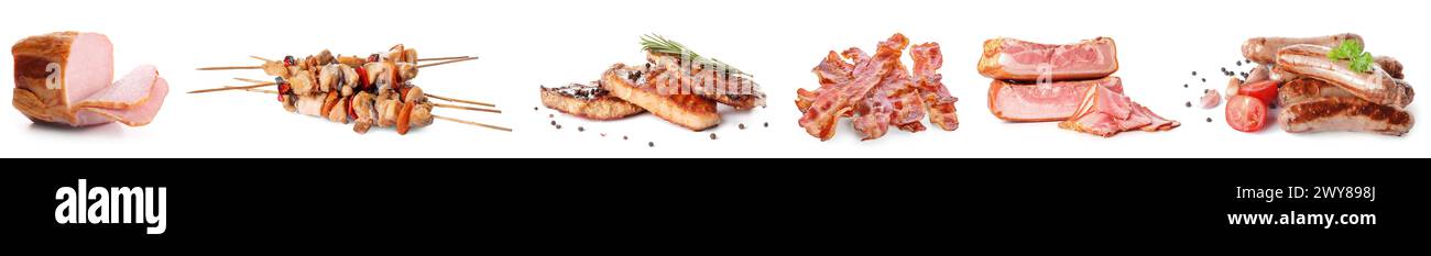 Gruppe leckerer Fleischgerichte auf weißem Hintergrund Stockfoto