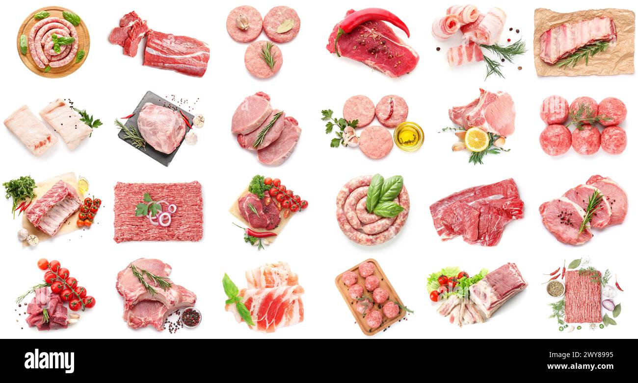 Set von frischem Fleisch auf weißem Hintergrund Stockfoto