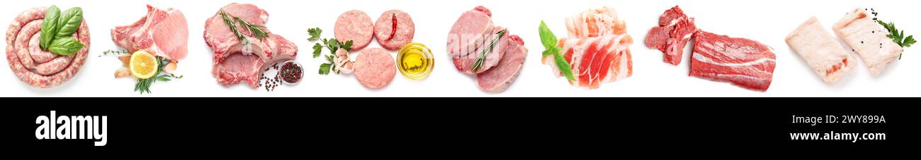 Collage aus frischem Fleisch auf weißem Hintergrund Stockfoto