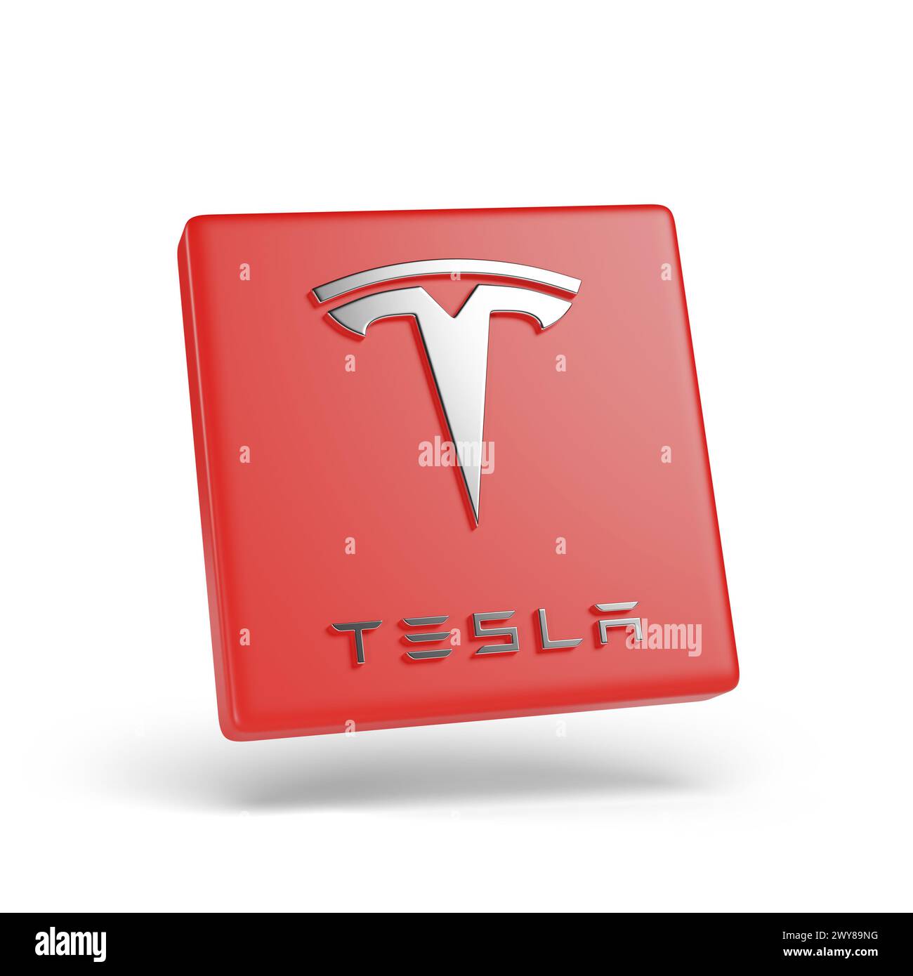 Buenos Aires, Argentinien - 3. April 2024: Tesla-Logo in drei Dimensionen isoliert auf weißem Hintergrund. 3D-Abbildung. Stockfoto