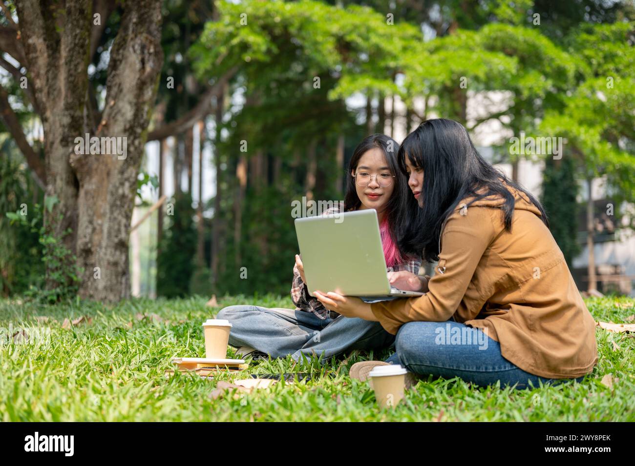 Zwei junge asiatische Studentinnen sitzen auf dem Gras in einem Park, lernen zusammen mit einem Laptop, Büchern und Kaffeetassen und genießen die Outdoor-Lear Stockfoto