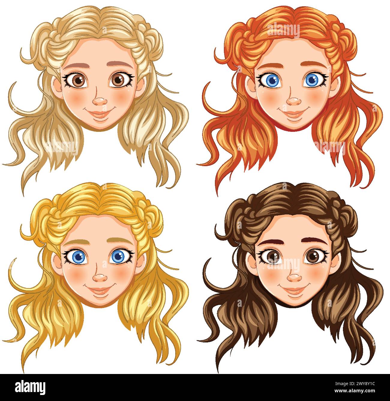 Vier Zeichentrickmädchen mit verschiedenen Haarfarben und Styles. Stock Vektor
