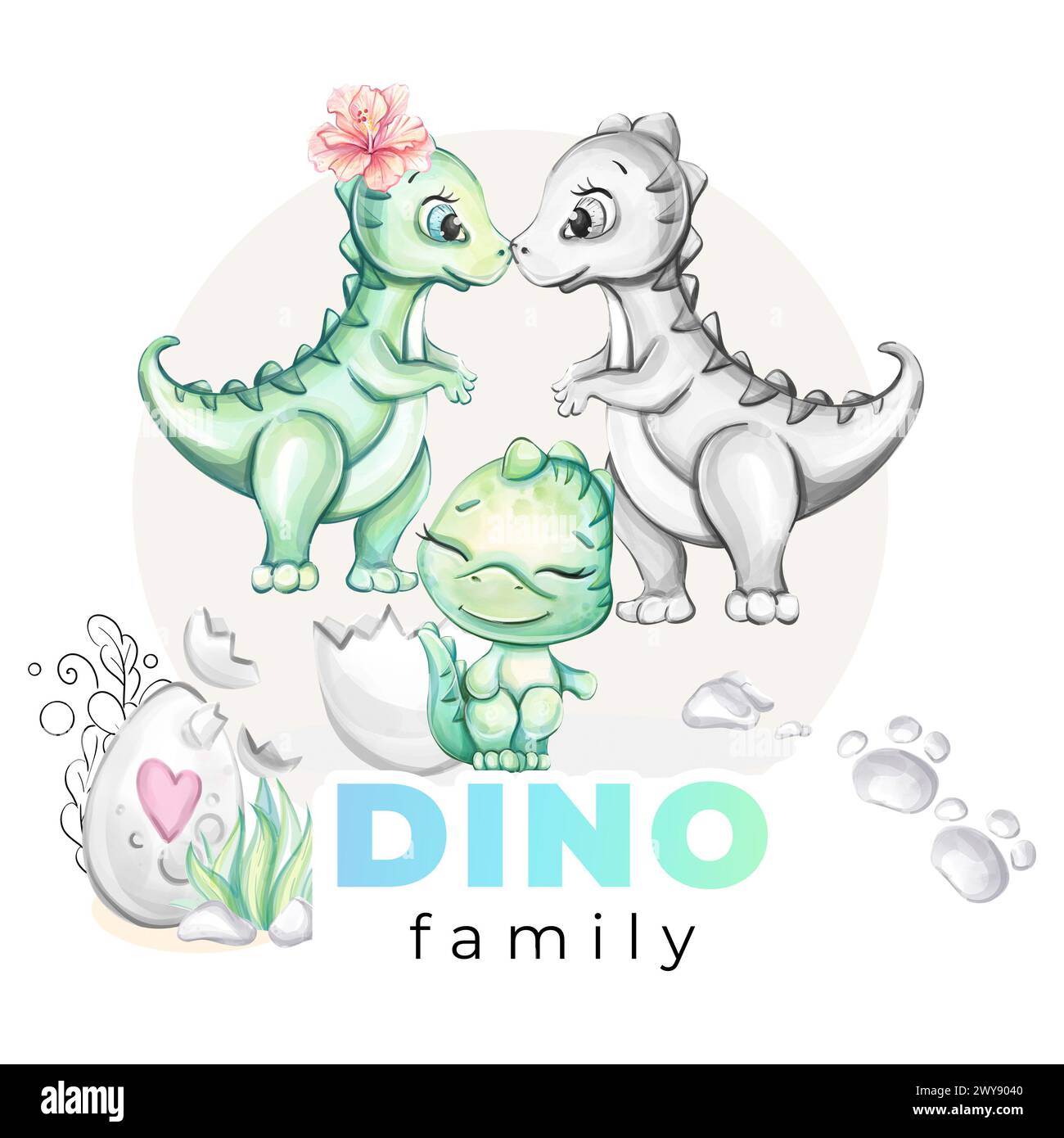 Aquarell-Baby-Dinosaurier. Mom und Dad mit Neewborn. Dino Family Clipart für Babydusche, Kinderzimmer, Einrichtung, Aufkleber, Drucke mit historischen Tieren Stockfoto