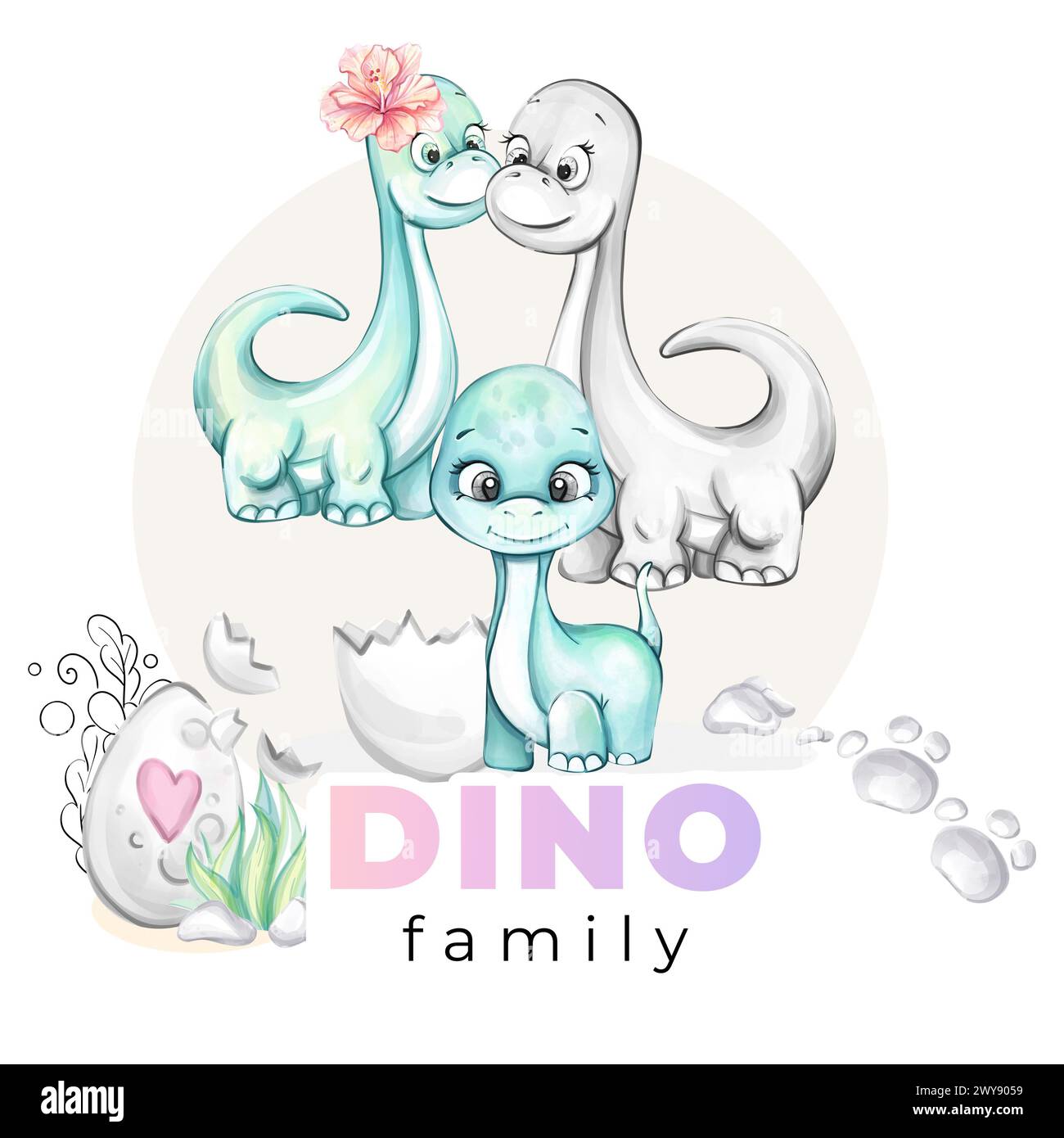 Aquarell Baby Boy Dinosaurier. Mom und Dad mit Neewborn. Dino Family Clipart für Babydusche, Kinderzimmer, Einrichtung, Aufkleber, Drucke mit historischen Tieren Stockfoto