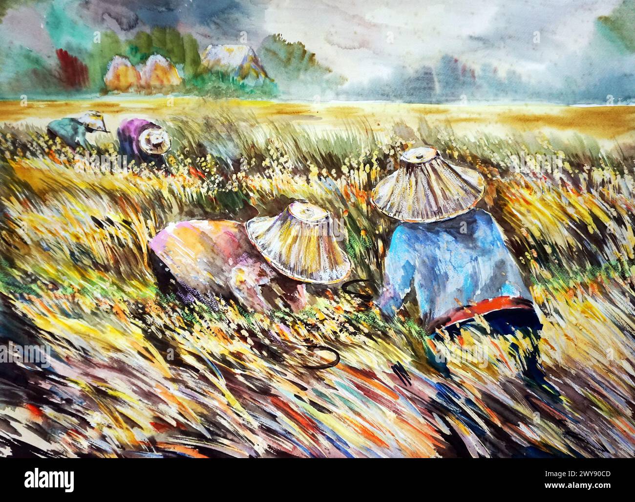Aquarellmalerei Hintergrund Ernte Reis aus thailand Stockfoto