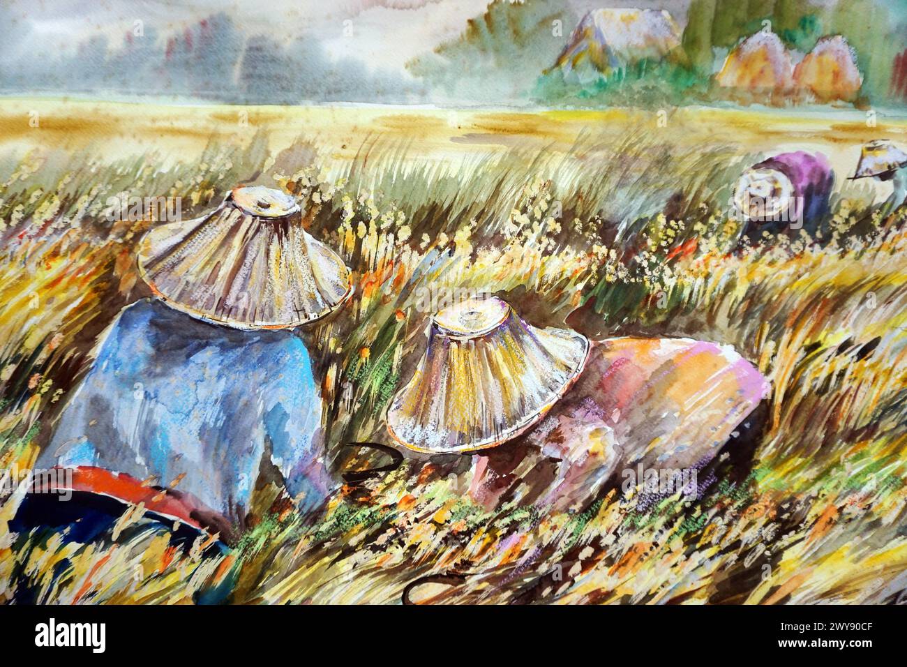 Aquarellmalerei Hintergrund Ernte Reis aus thailand Stockfoto