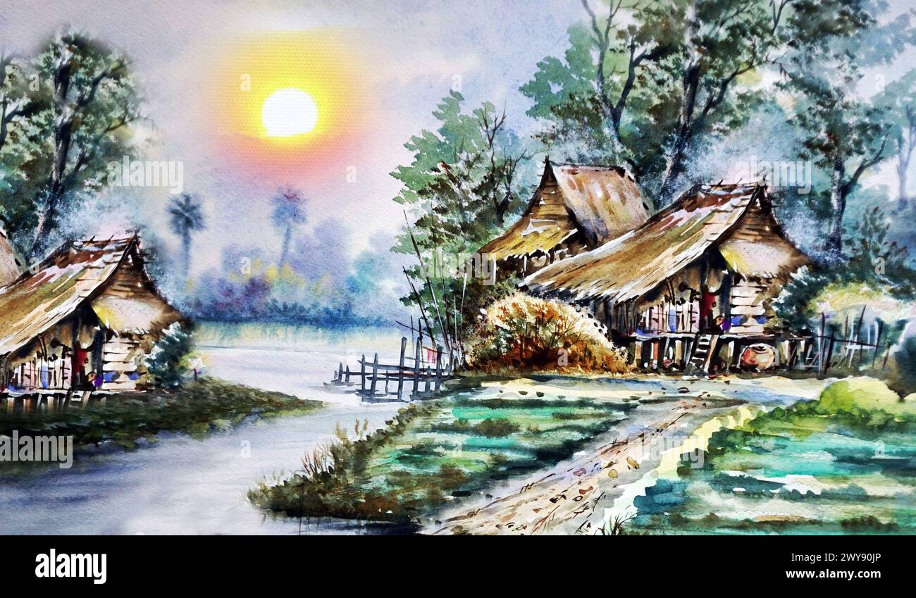Handgemalte originale Meisterwerke des Impressionismus Maler zeitgenössische Kunst Aquarellmalerei ländliche Landschaft thailands Stockfoto