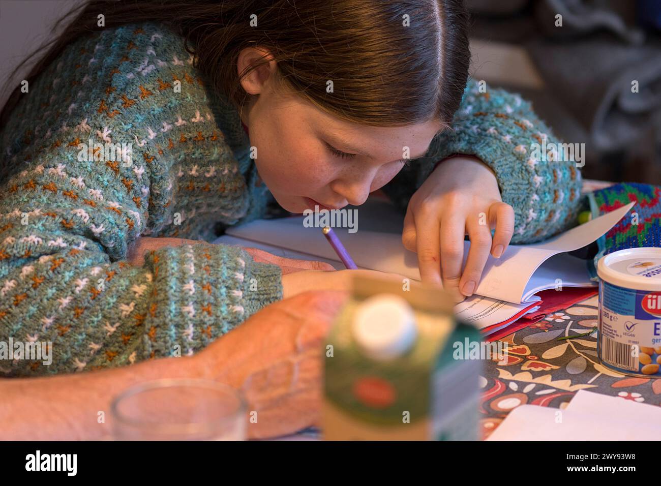 Mädchen, 10 Jahre alt, macht Schularbeit, Mecklenburg-Vorpommern, Deutschland Stockfoto