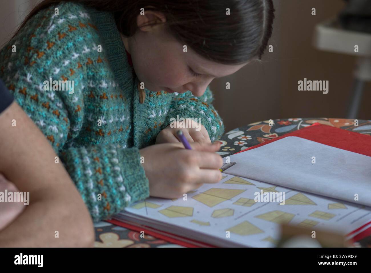 Mädchen, 10 Jahre alt, macht Schularbeit, Mecklenburg-Vorpommern, Deutschland Stockfoto