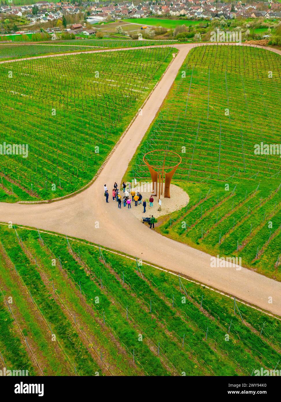 Gruppe von Menschen bei einer Kunstinstallation inmitten eines grünen Weinbergs aus der Vogelperspektive, Jesus Grace Chruch, Weitblickweg, Osterwanderung Stockfoto
