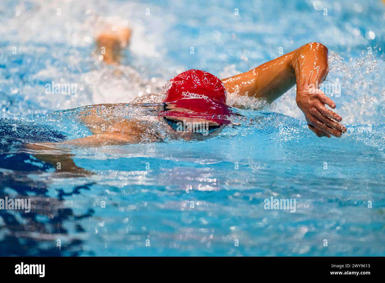 LONDON, VEREINIGTES KÖNIGREICH. April 2024. Daniel Jervis tritt am Donnerstag, 4. April 2024, im 1500 m Freestyle der Männer bei den Speedo Aquatics GB Schwimmen-Meisterschaften 2024 an – Tag 3 im London Aquatics Centre. LONDON ENGLAND. Quelle: Taka G Wu/Alamy Live News Stockfoto