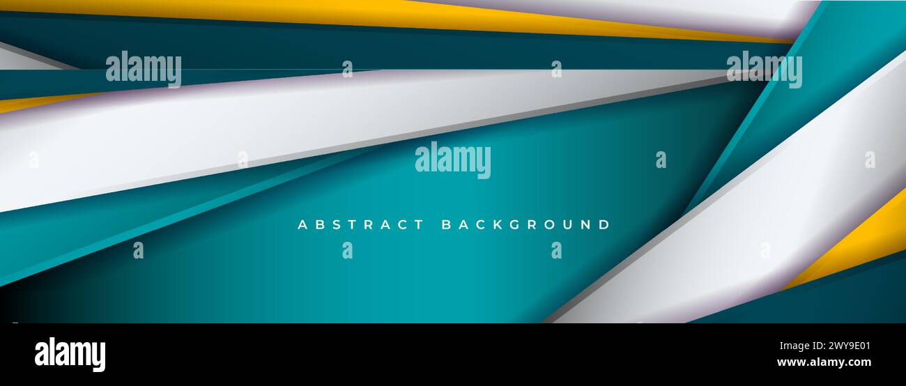 Abstrakter 3D-Bannerhintergrund mit türkisfarbenen, gelben und weißen diagonalen geometrischen 3D-Formen und -Objekten. Vektorabbildung Stock Vektor