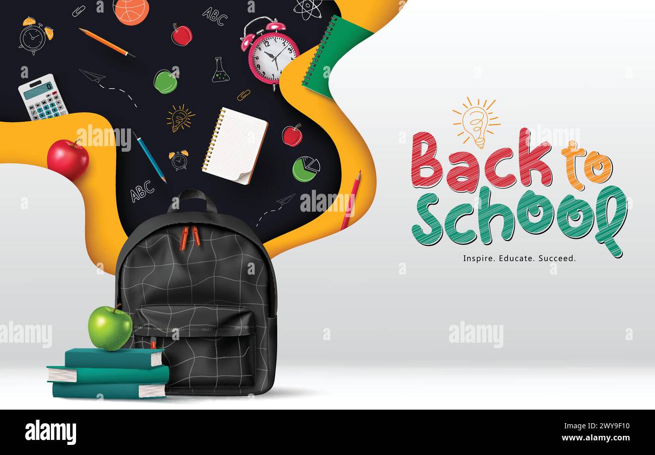 Back to School Vector Template Design. Grußtext für den Schulrücken mit trendigem Schulrucksack und Symbolen für Lernelemente für den Unterricht Stock Vektor