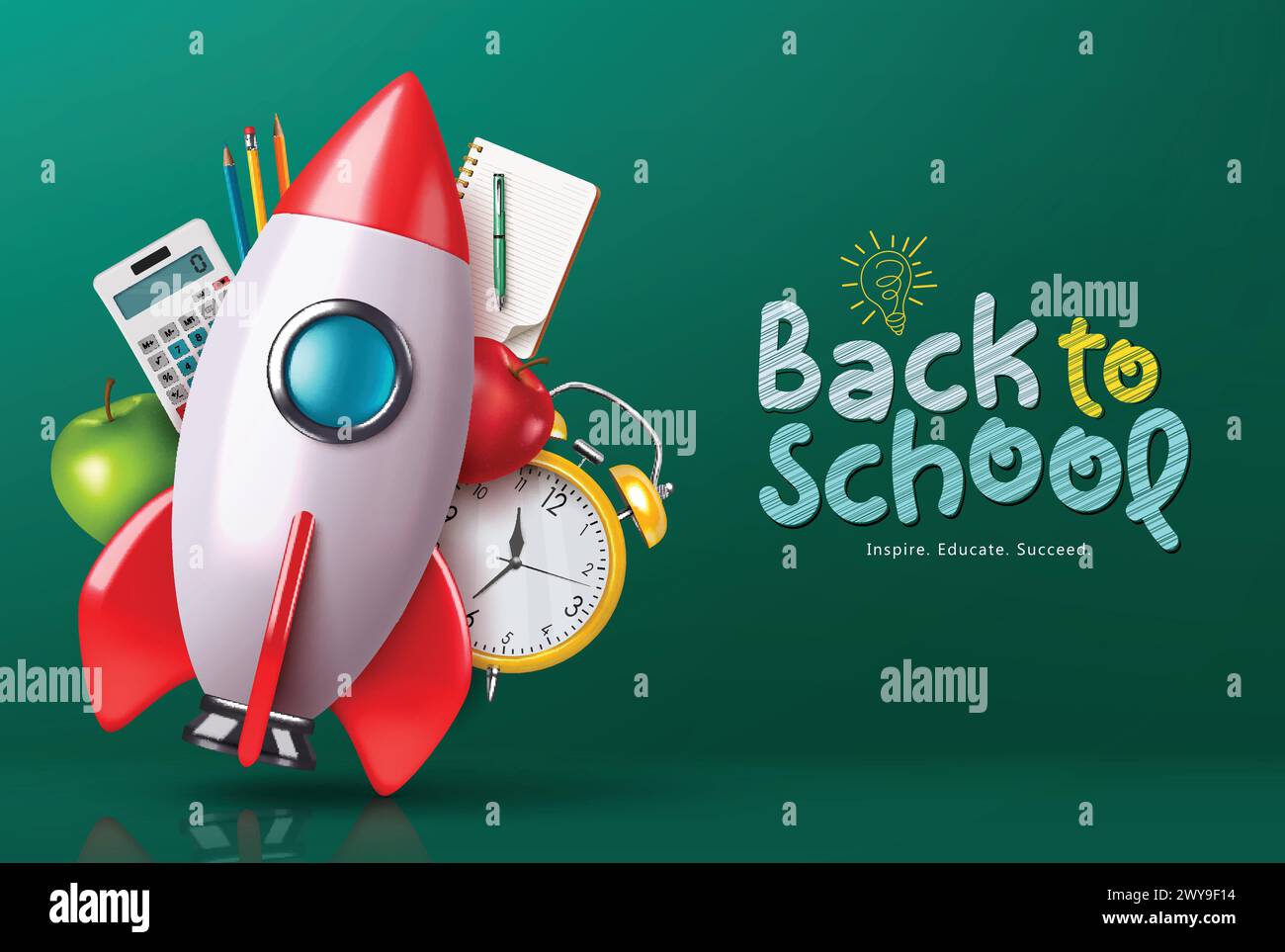 Back to School Vector Template Design. Zurück zur Schule mit Raketenschiff, Wecker und Schulmaterial und Artikeln für die Bildung an der Tafel Stock Vektor