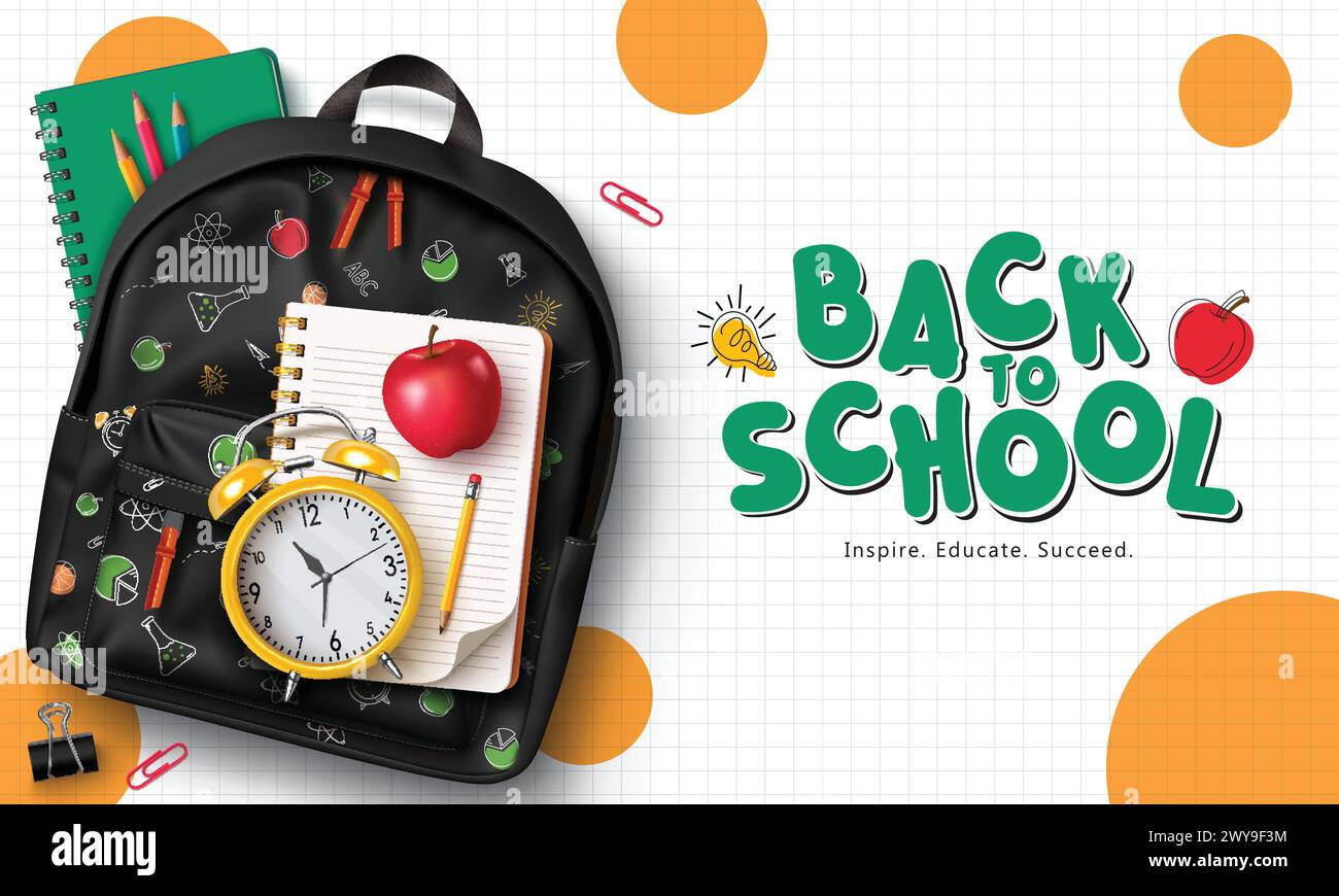 Back to School Vektor Design. Grußtext für die Schulzeit mit modischem schwarzen Rucksack, Notebook, Wecker und Bleistiftelementen für den Unterricht Stock Vektor