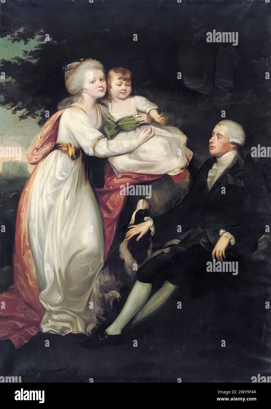 Frederick, Lord North, 2. Earl of Guilford (1732–1792), Premierminister von Großbritannien, 1770–1782, in einem Familienporträt mit seiner Frau Anne und seinem Kind, möglicherweise George Augustus, in einer Landschaft, Wroxton Abbey Beyond, Porträt in Öl auf Leinwand, 1760-1769 Stockfoto