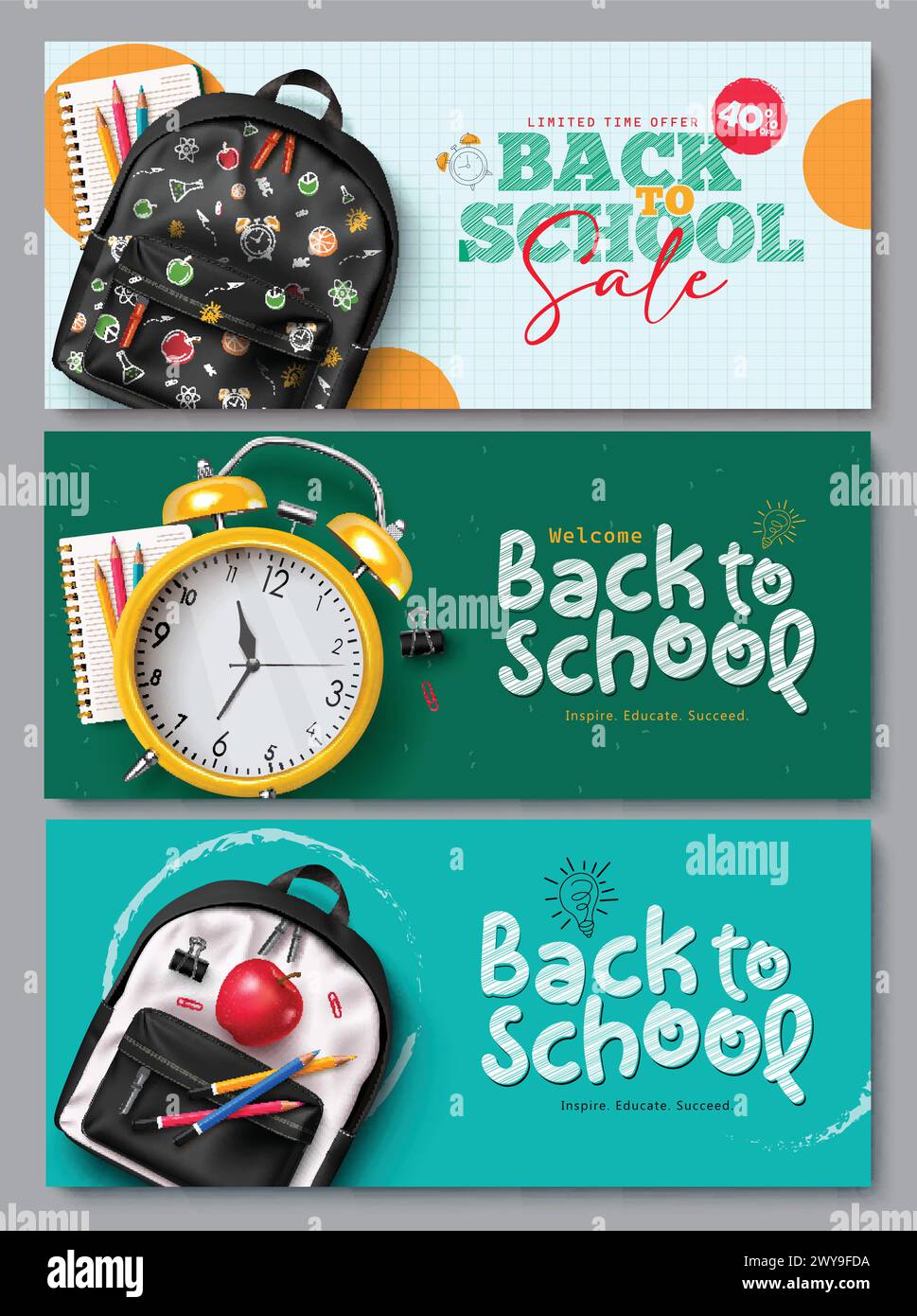 Back-to-School-Vektor-Banner-Set-Design. Back-to-School-Verkaufstext und Grußtext mit Schultasche, Wecker und farbigen Bleistiftartikeln und Elementen Stock Vektor