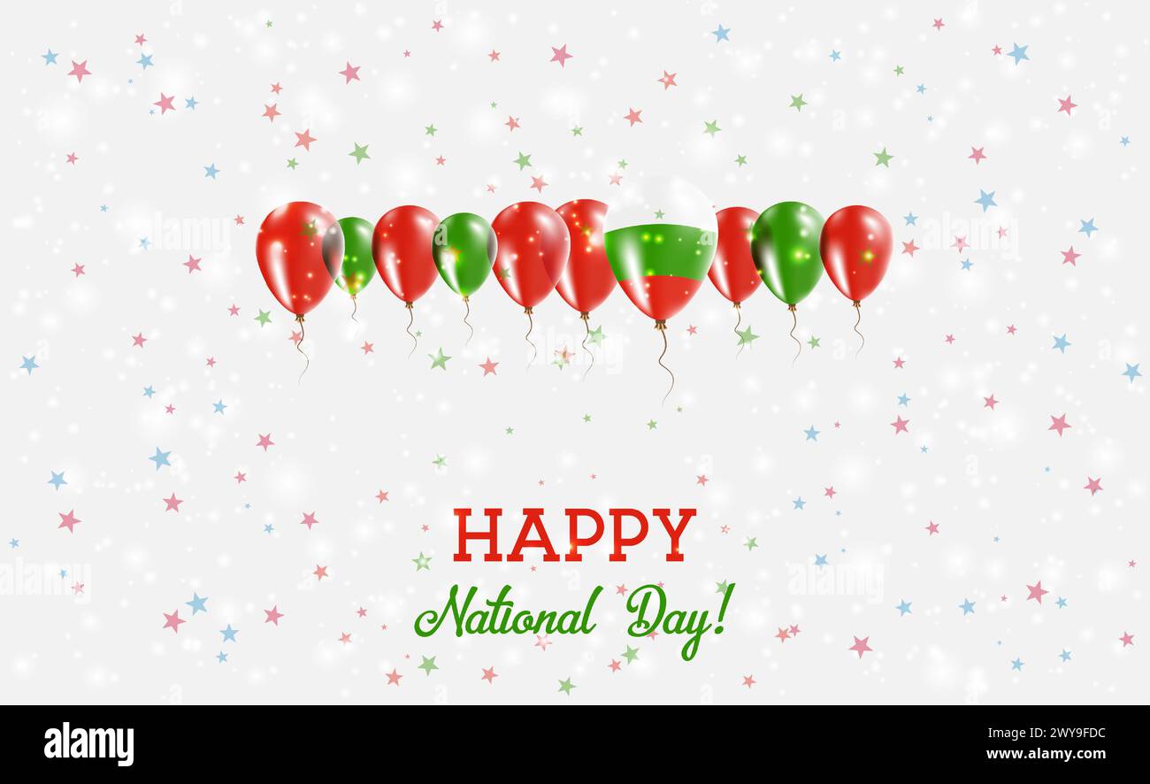 Bulgarien Unabhängigkeitstag Funkelndes Patriotisches Poster. Reihe von Ballons in den Farben der bulgarischen Flagge. Grußkarte mit Nationalflaggen, Konfetti und Stock Vektor