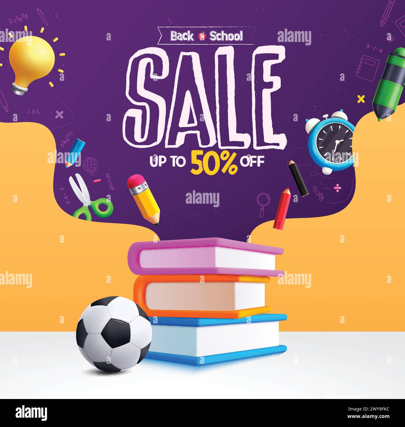 Back to School Sale Vektor Banner Design. Angebot für Schulen mit farbenfrohen 3D-Schulungsmaterialien und Lernartikeln für Shopping-Flyer Stock Vektor