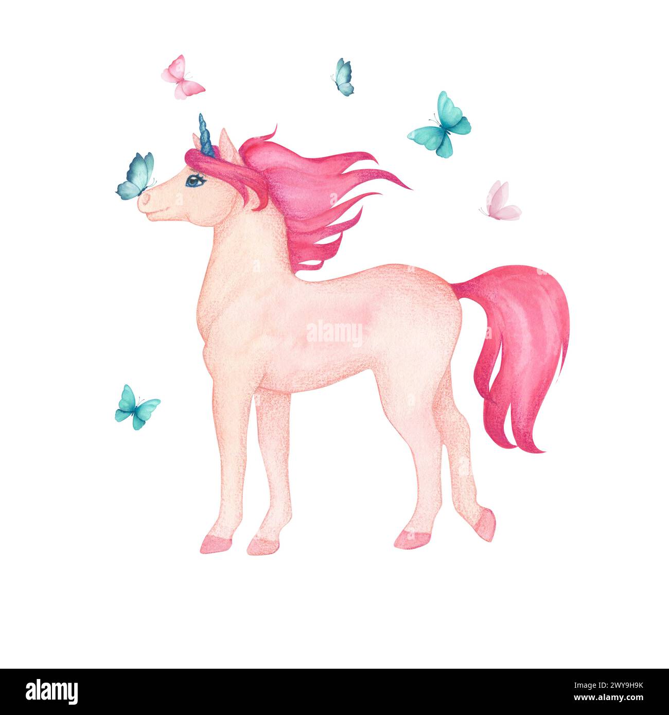 Aquarellillustration eines niedlichen stehenden Einhorns mit zarten Schmetterlingen in rosa und türkisfarbenen Farben. Märchenhafte Zeichentrickfigur zum Dekorieren Stockfoto