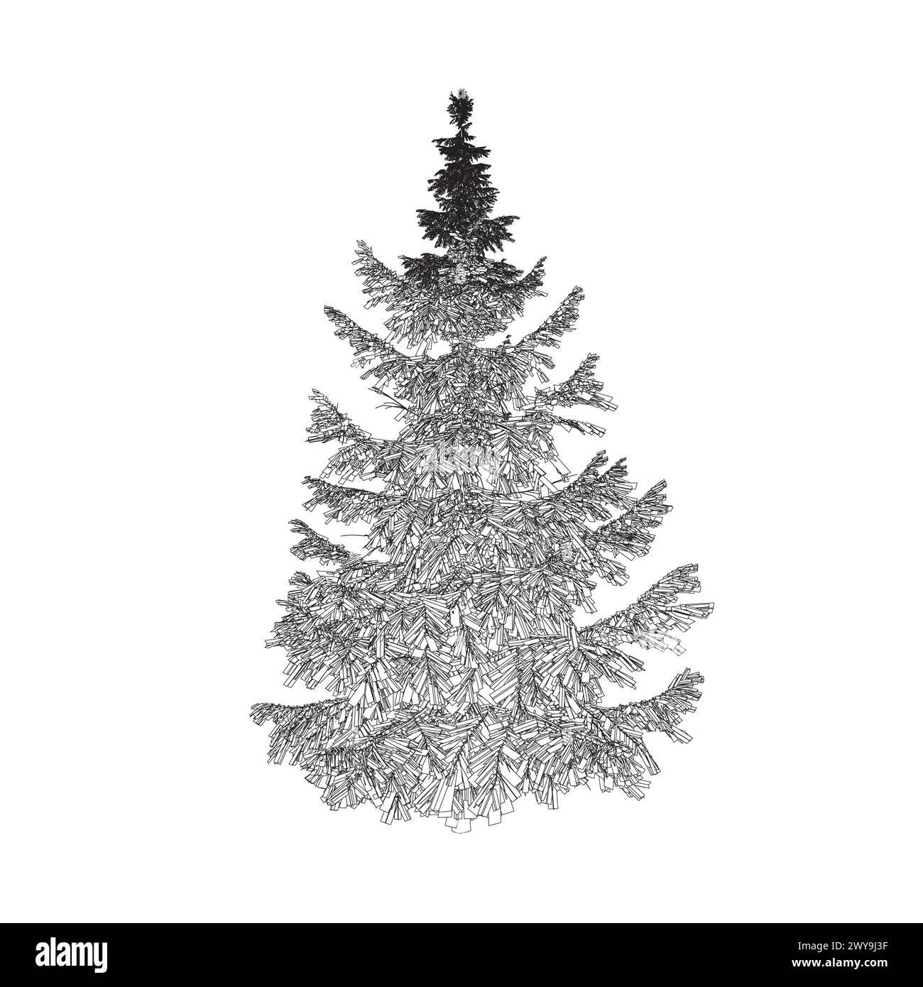 Umriss eines detaillierten Weihnachtsbaums aus schwarzen Linien auf weißem Hintergrund. Vektorabbildung. Stock Vektor