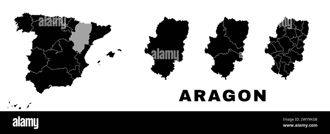 Aragon-Karte, autonome Gemeinschaft in Spanien. Spanische Verwaltungseinheit, Regionen, Bezirke und Gemeinden. Stock Vektor