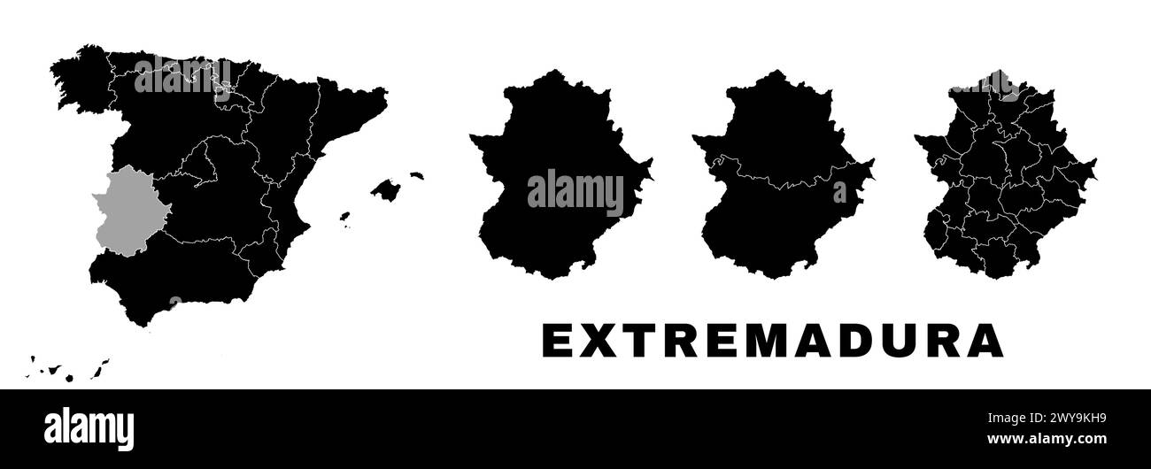 Extremadura-Karte, autonome Gemeinschaft in Spanien. Spanische Verwaltungseinheit, Regionen, Bezirke und Gemeinden. Stock Vektor