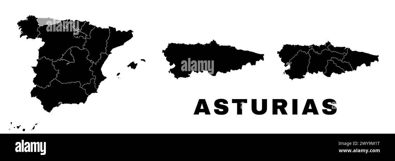 Asturien Karte, autonome Gemeinschaft in Spanien. Spanische Verwaltungseinheit, Regionen, Bezirke und Gemeinden. Stock Vektor