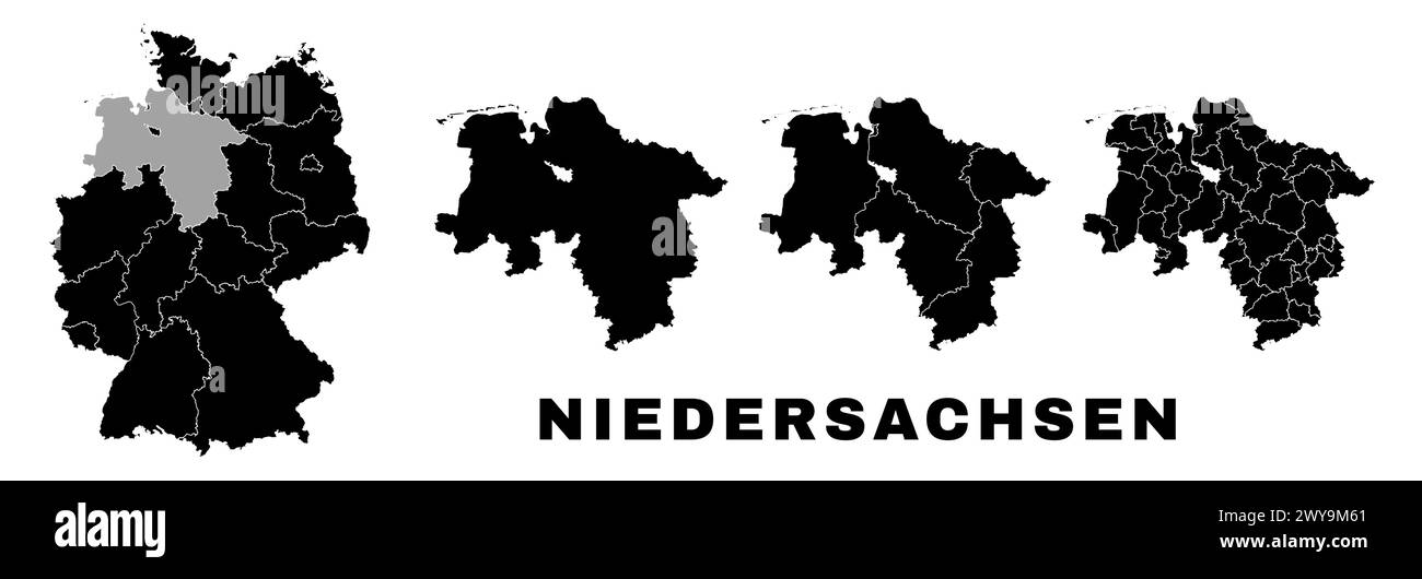 Landkarte Niedersachsen, deutsches Land. Deutschland Verwaltungsbereich, Regionen und Gemeinden, amts- und Kommunalbehörden. Stock Vektor