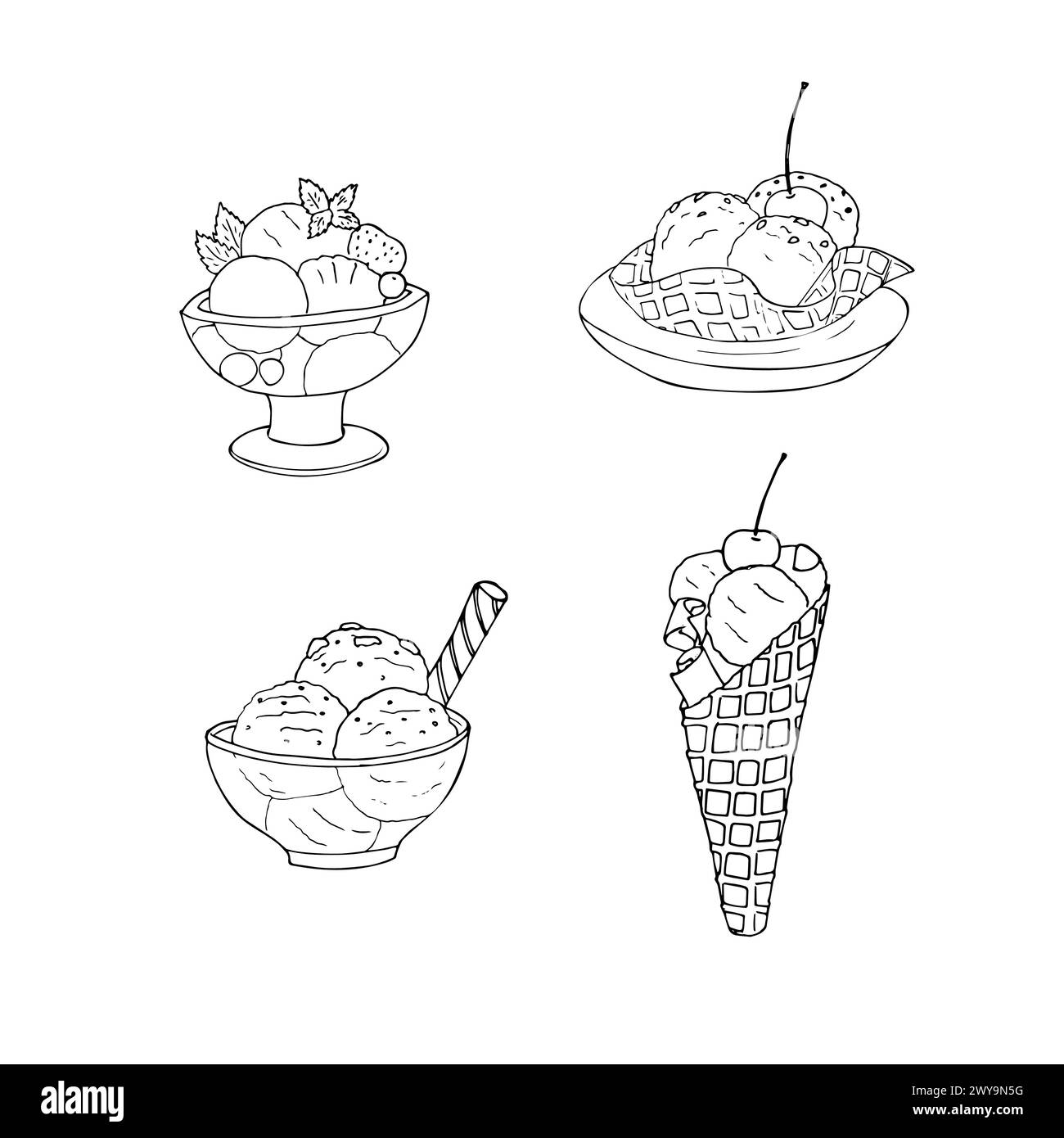 Handgefertigtes Eis, serviert in Glasbecher, Waffelkegel und Teller. Dessert-Doodle-Stil-Illustration. Stock Vektor