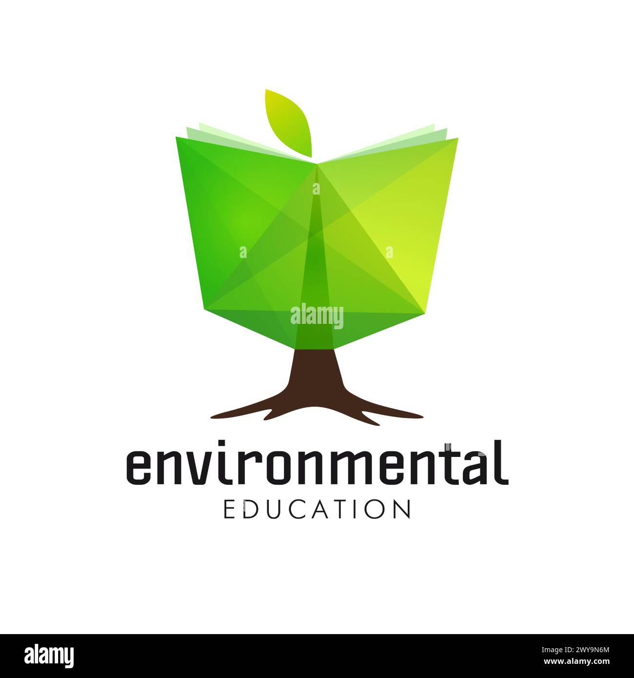 Logo-Konzept für Umweltpädagogik. Kreatives Grünbuch. Baumsymbol. Isolierte Elemente. Bildungszeichen. Symbol für die Erforschung grüner Energie. Färbung Stock Vektor