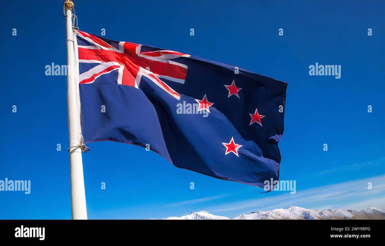 Fahnen, die Nationalfahne von Neuseeland flattert im Wind Stockfoto