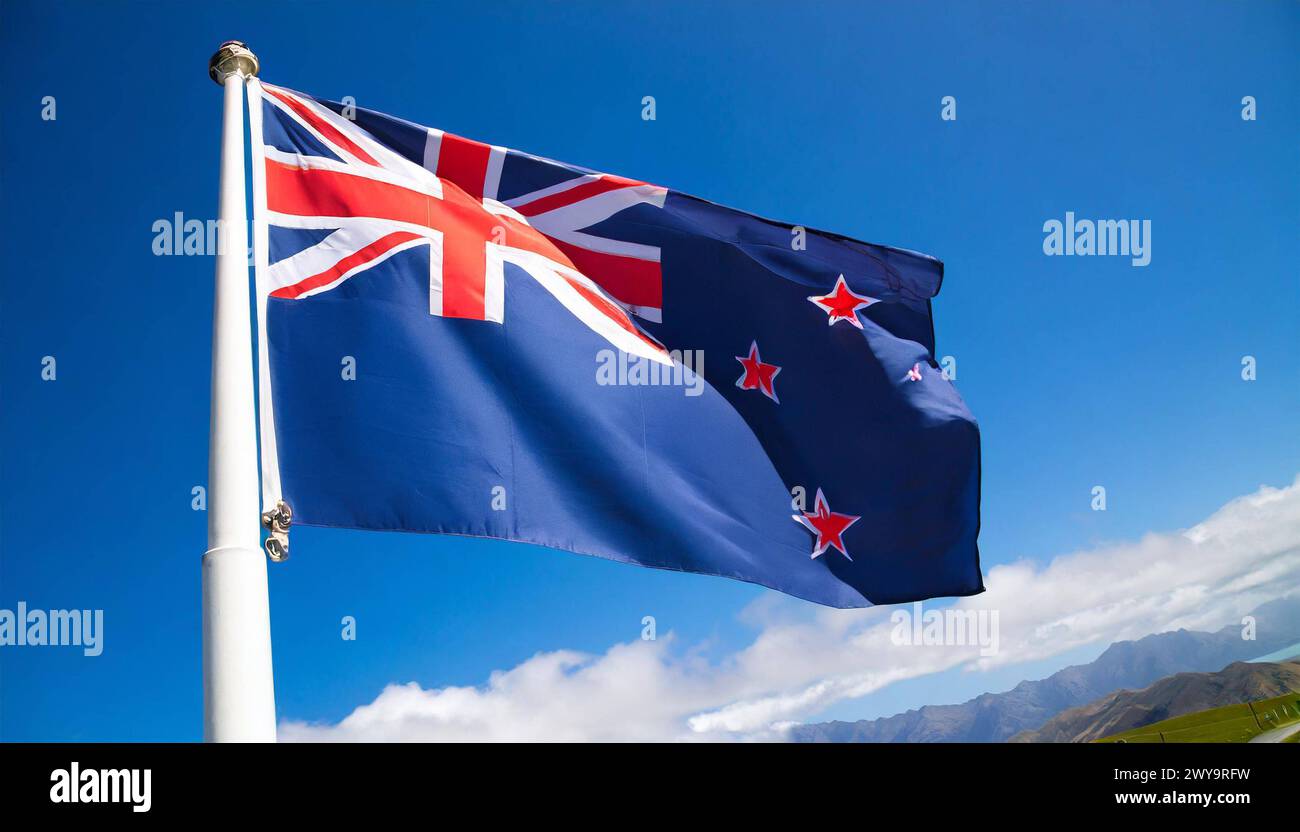 Fahnen, die Nationalfahne von Neuseeland flattert im Wind Stockfoto