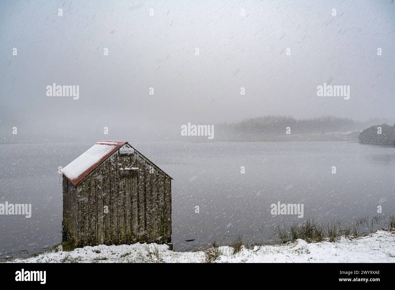 Schnee fällt über Loch Laide bei Abriachan in den schottischen Highlands am Morgen des 4. April 2024. Stockfoto