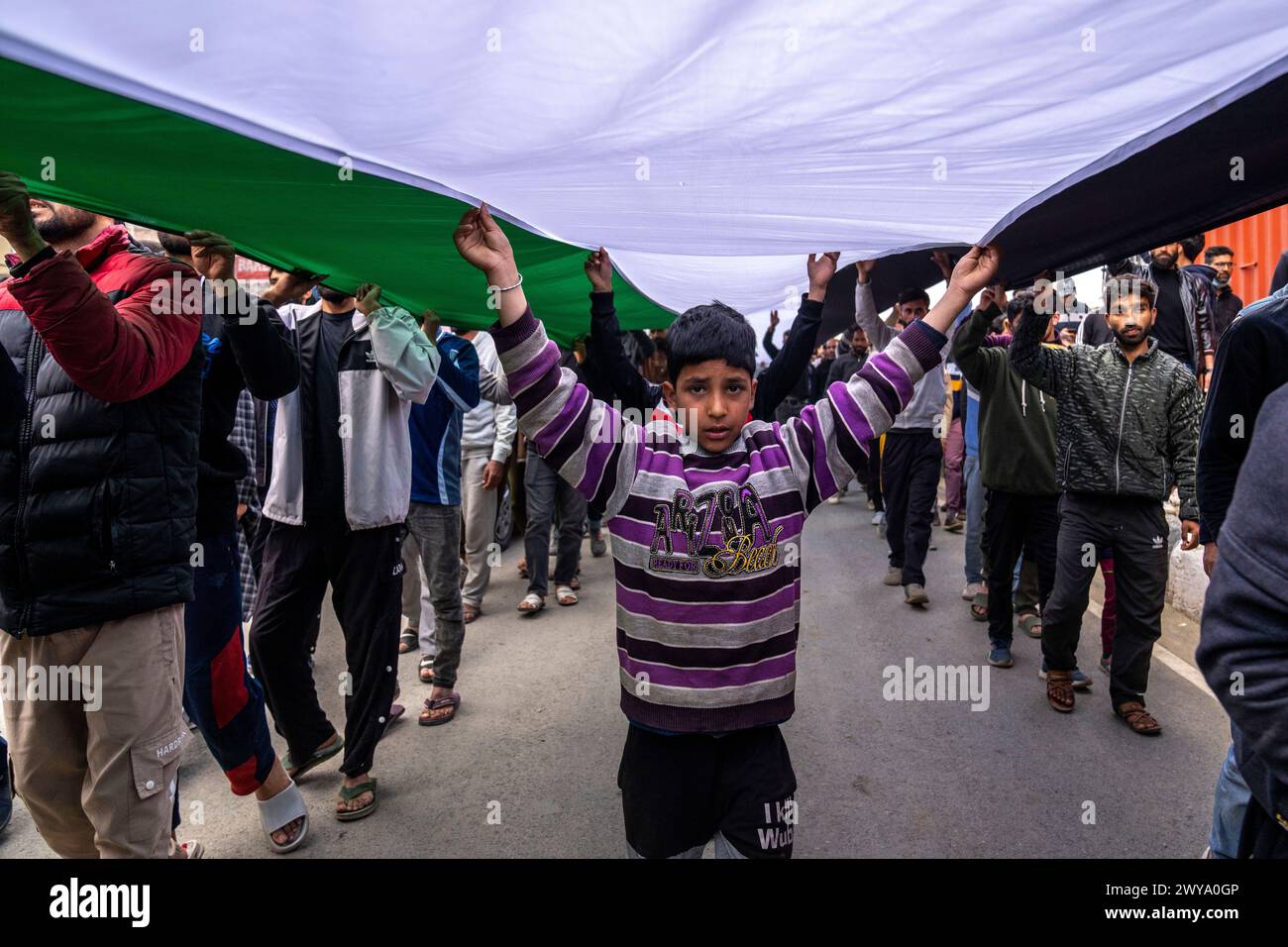 A young Kashmiri Shiite Muslim boy walks under a huge Palestinian flag ...
