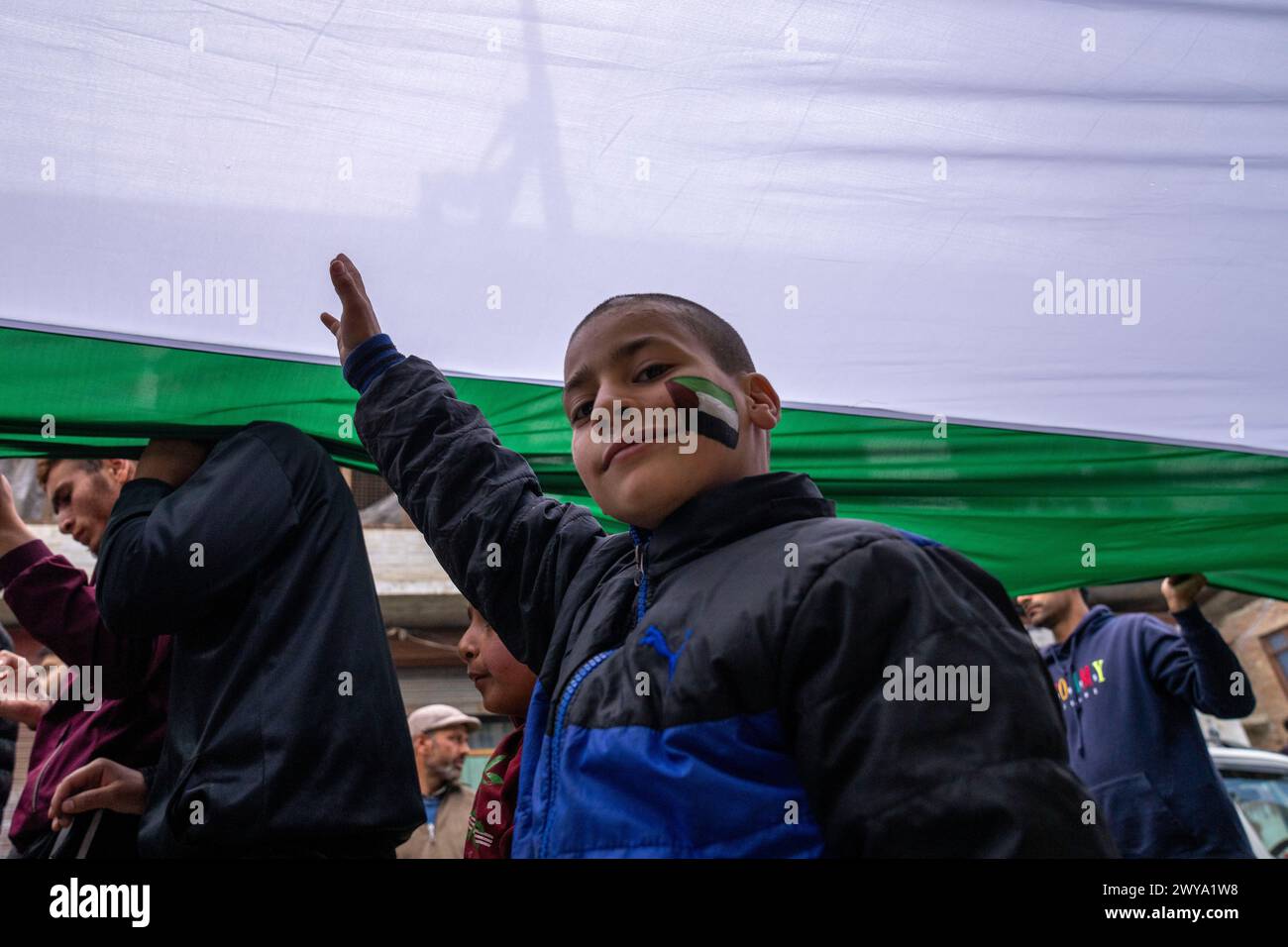 A young Kashmiri Shiite Muslim boy walks under a huge Palestinian flag ...