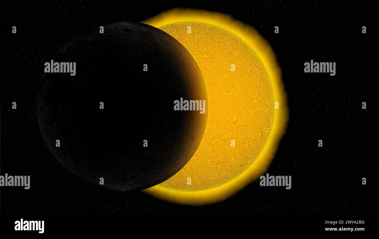 Sonnenfinsternis, der Mond, der zwischen der Sonne und dem Planeten Erde übergeht. 3D-Abbildung Stockfoto