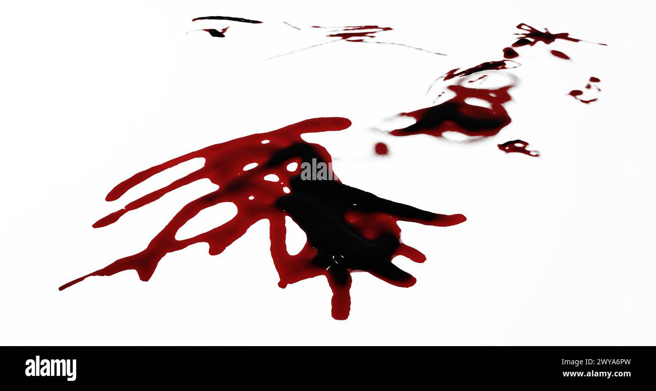 3D-Darstellung von Blutflecken, Spritzern oder Spritzern für Tatort- oder Gewaltkonzept Stockfoto